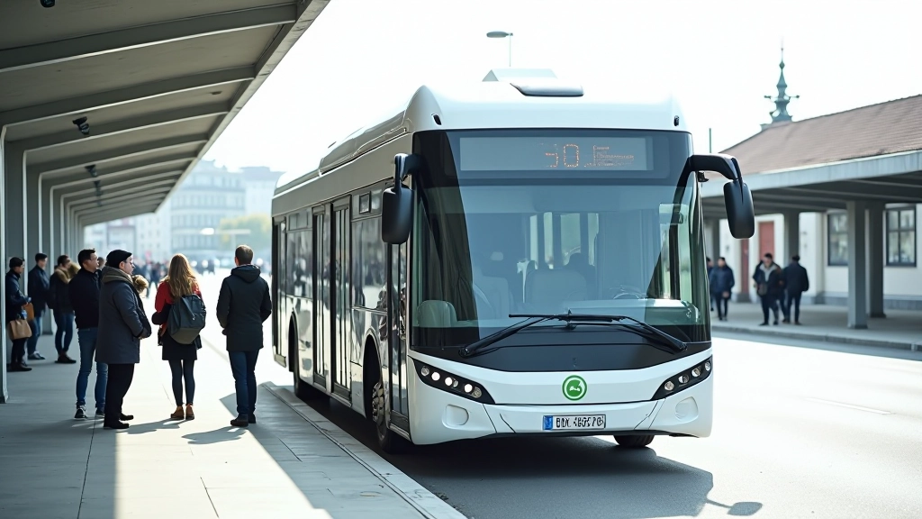 Moderns elektriskais autobuss pilsētas sabiedriskā transporta stacijā
