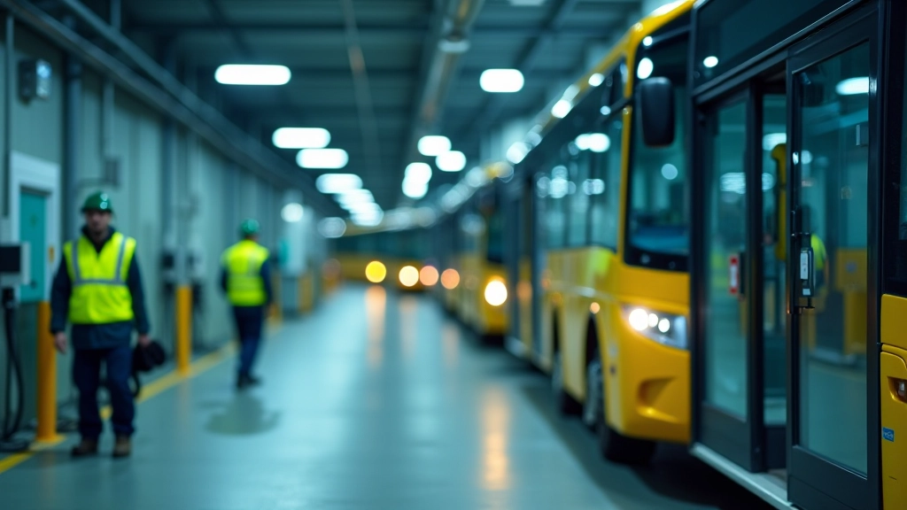 Elektriskie autobusi Rīgas garāžā ar uzlādes stacijām un tehniķiem