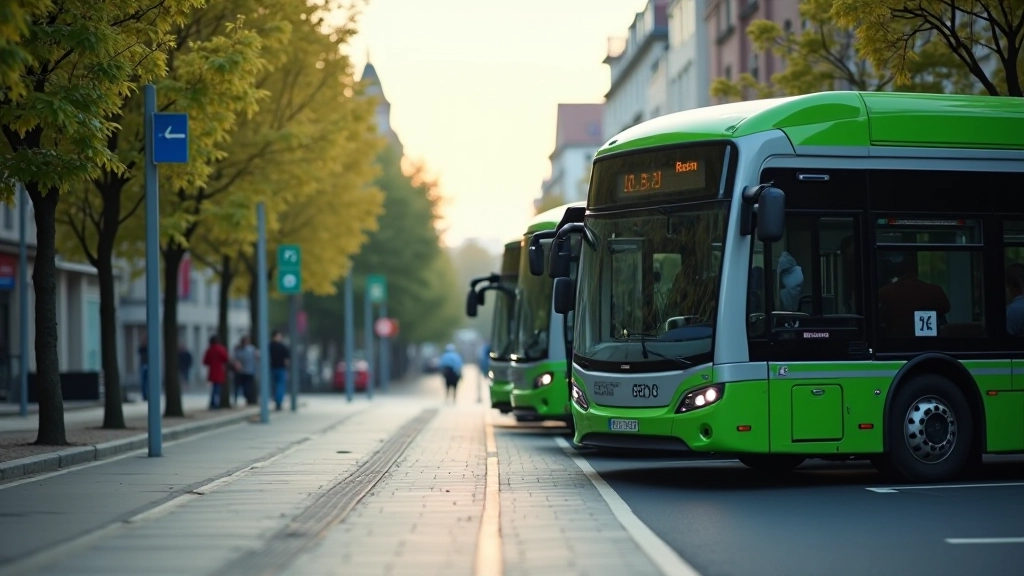 Rīgas ielas ar tīriem elektriskiem autobusiem un zaļu vegetāciju ap stacijām