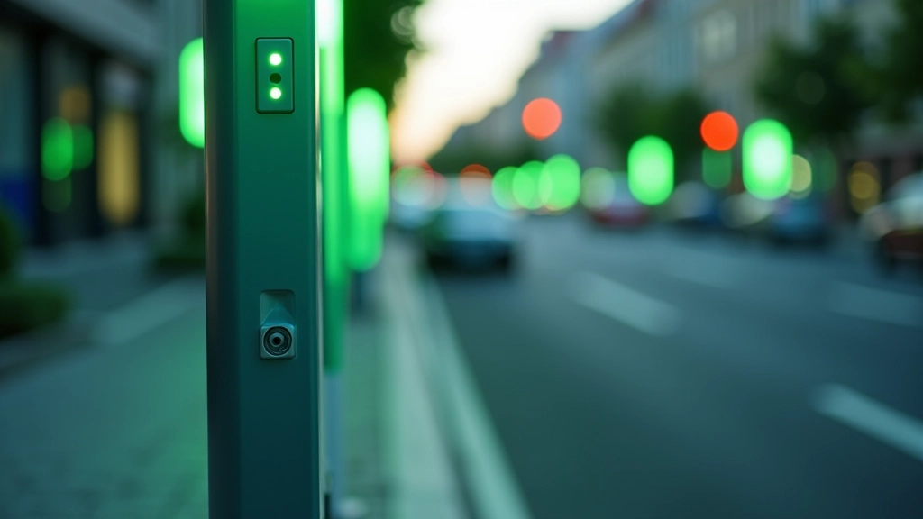 Moderns elektriskais uzlādes stabs pilsētas ielā ar zaļo energiju