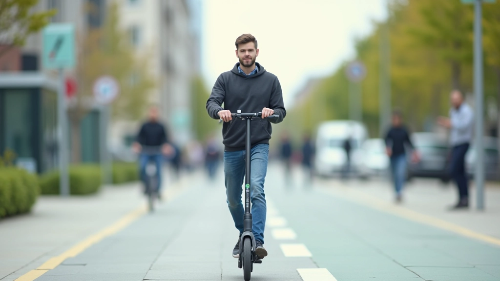 Gājējs ar e-skūteri pilsētas ielā, moderni veloceliņi, videi draudzīga transporta kultūra
